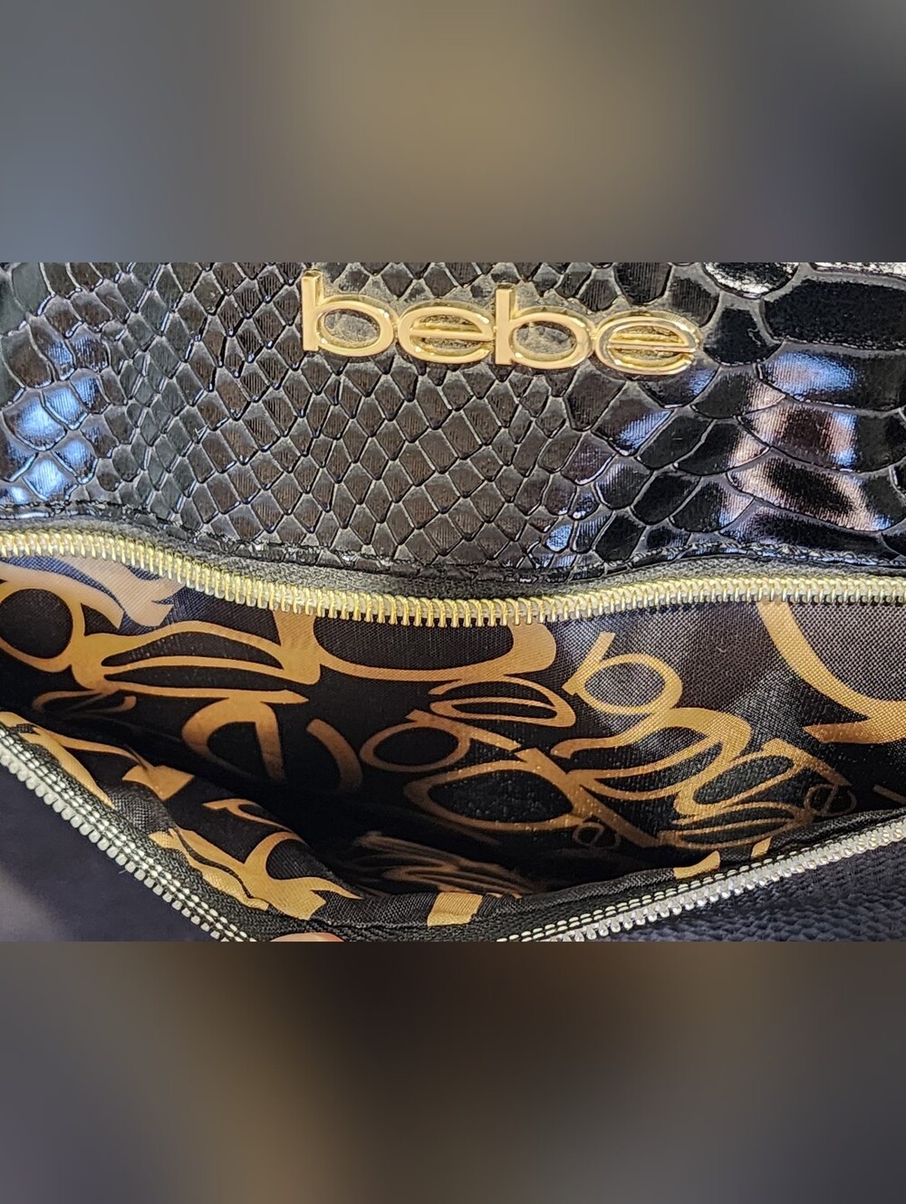 Bebe | Ellisa 22" Weekend Travel Duffel Bag | Black & Gold Faux Snakeskin - Picture 7 of 11